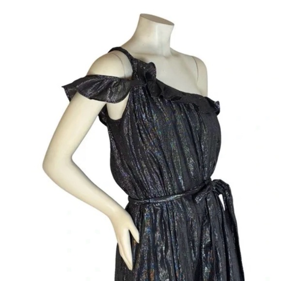 Maeve Metallic Silver Black One Shoulder Tiered Midi Dress Size L Anthropologie - Picture 7 of 8
